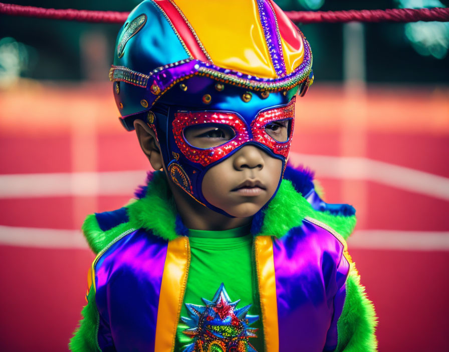Child in vibrant luchador attire in wrestling ring.