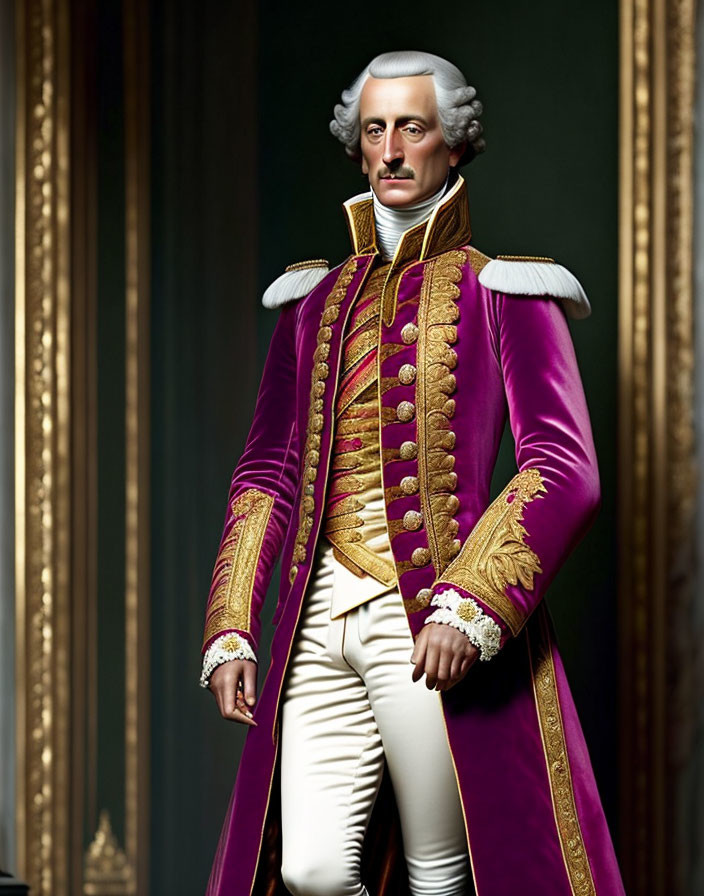 Stylized portrait of a man in ornate purple military uniform