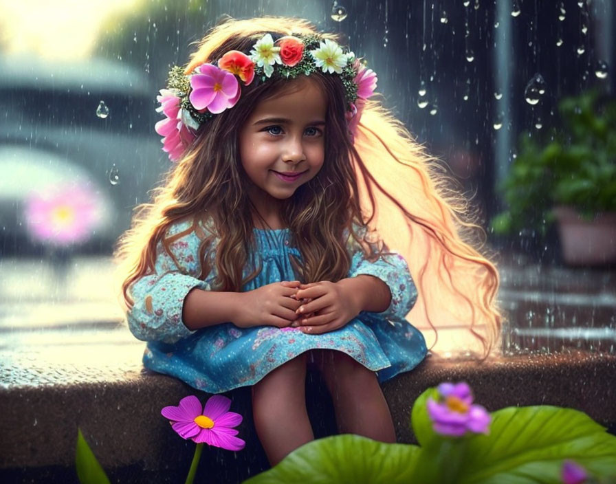 Young girl with wavy hair in floral headband surrounded by raindrops and vibrant flowers.