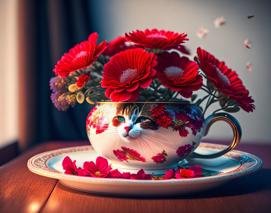 Cat peeking from teacup with red flowers on saucer by window