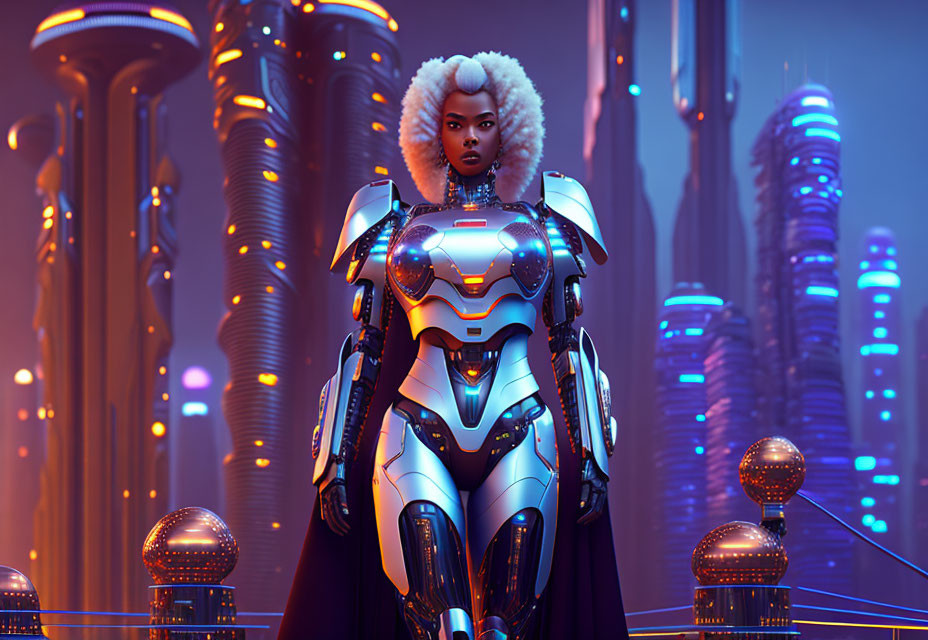 Futuristic warrior in afro hairstyle in advanced body armor in neon-lit cityscape