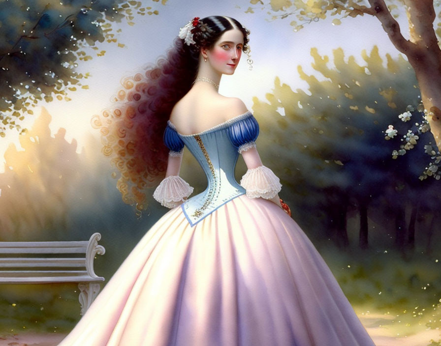 Victorian woman in blue bodice and pink skirt in flower-filled park