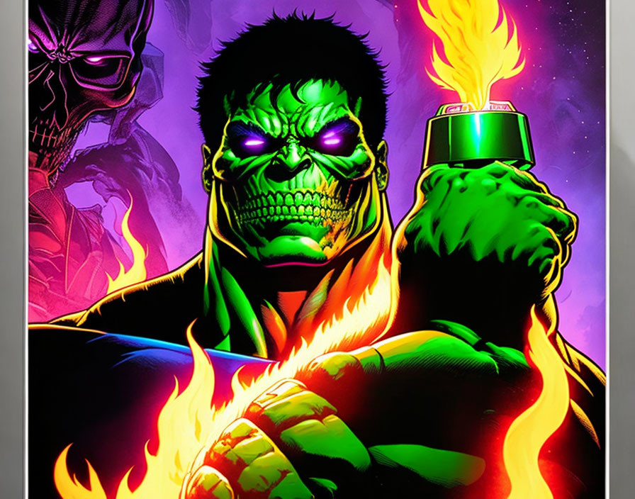 Muscular green-skinned character with purple eyes in comic book image