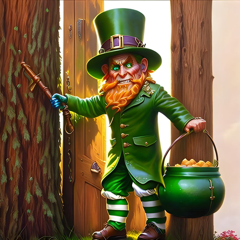 Grinning leprechaun with green hat, suit, cane, and pot of gold by wooden