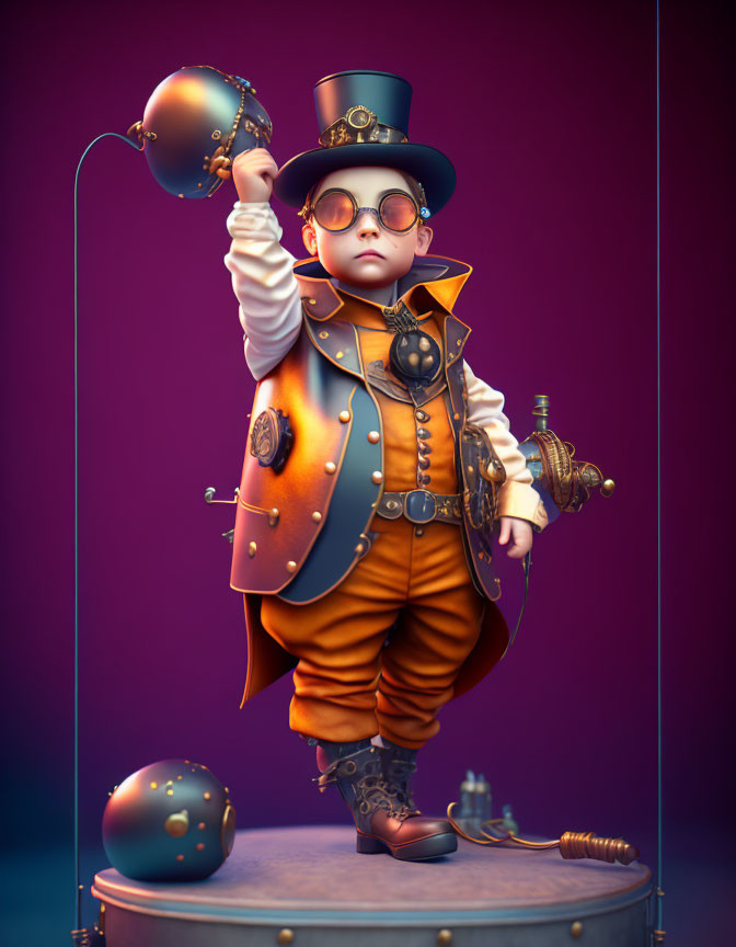 Child in Steampunk Outfit on Purple Background