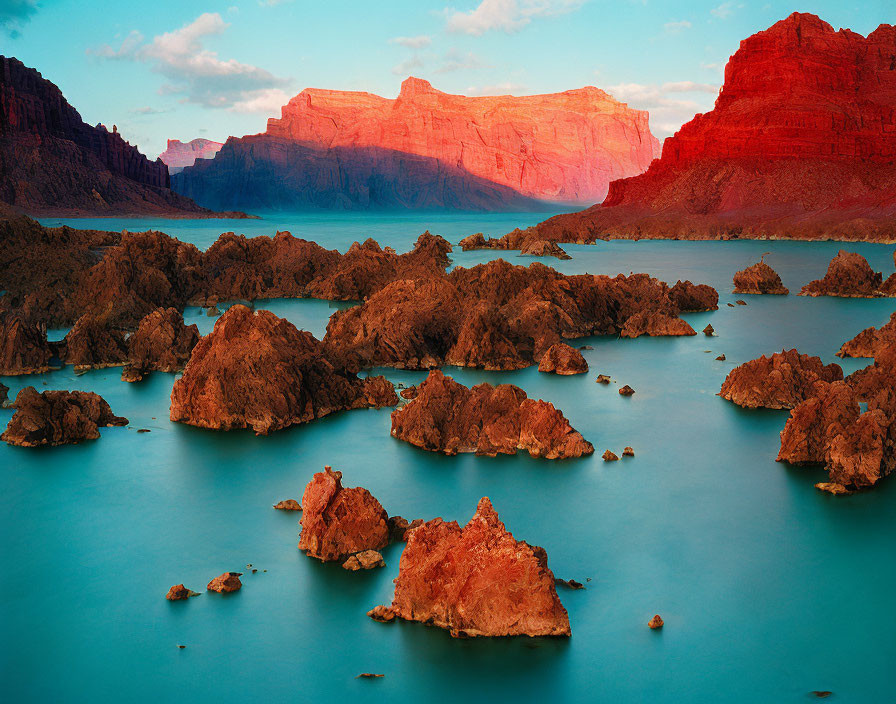 Vibrant turquoise water with red cliffs and brown rock formations