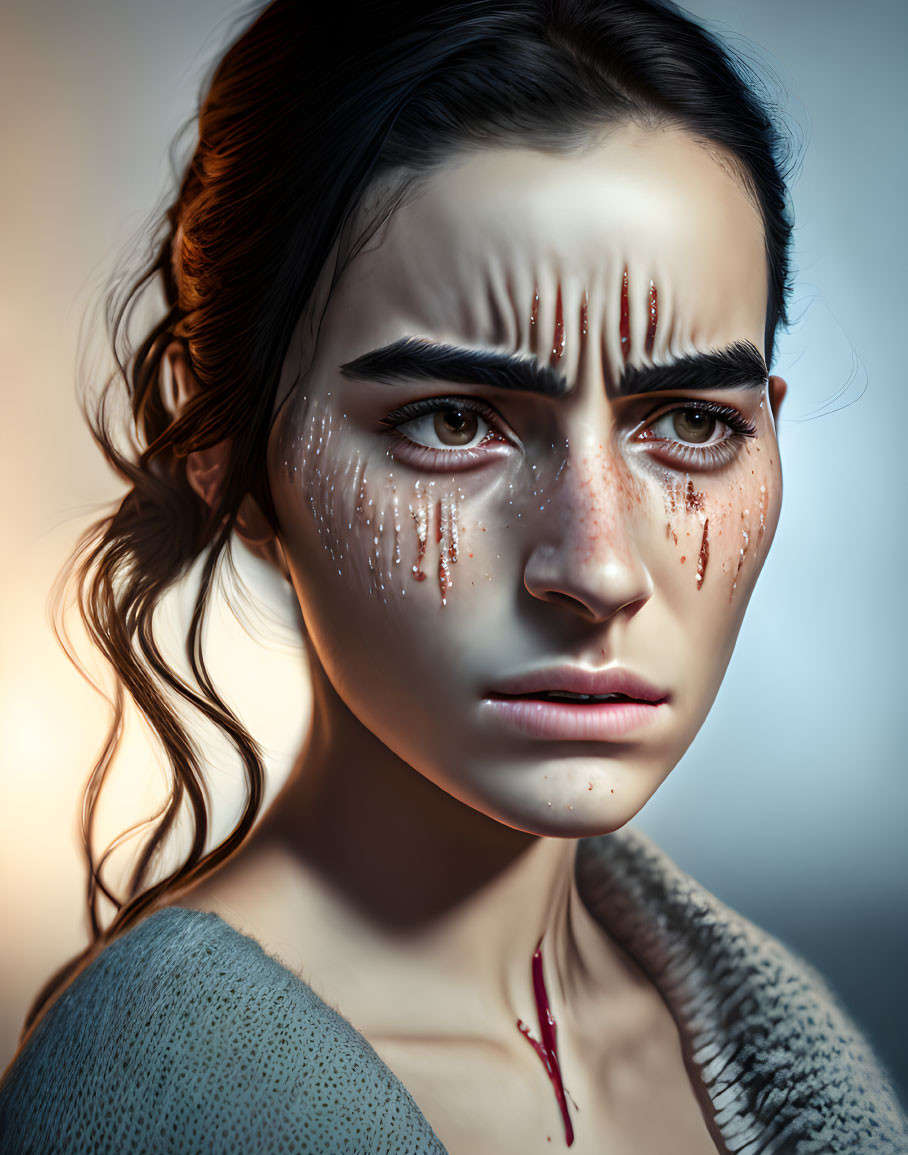 Detailed illustration of woman with teary eyes & dramatic lighting, showcasing emotional depth.
