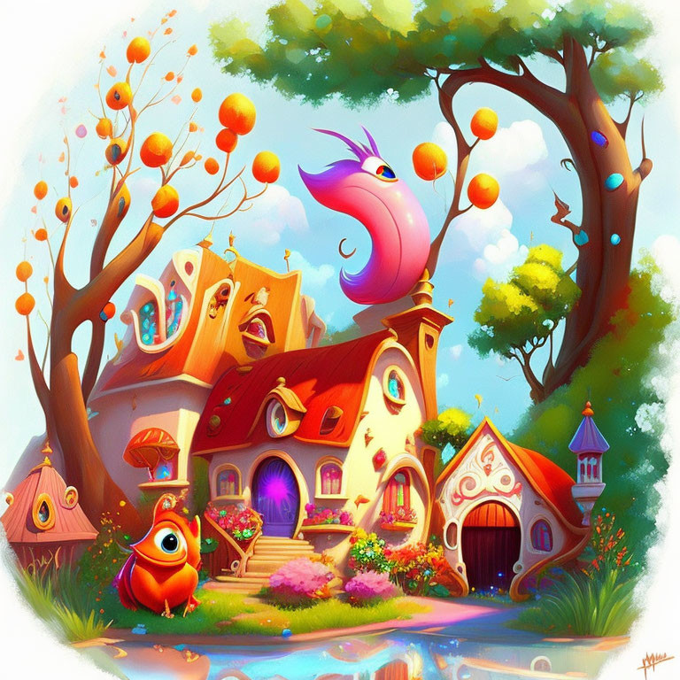 Colorful Fairytale Landscape with Cottage, Trees, and Orange Creature