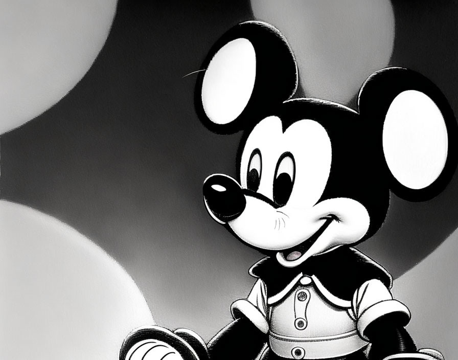 Monochrome animated mouse character with large ears and gloves smiling in front of blurred circles