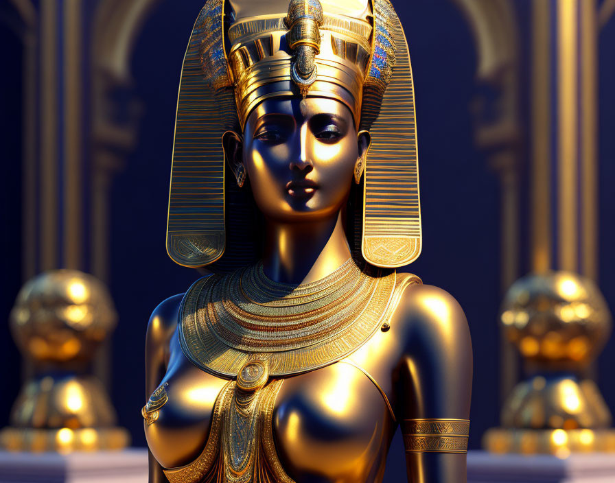 Ancient Egyptian queen 3D rendering with headdress and golden jewelry