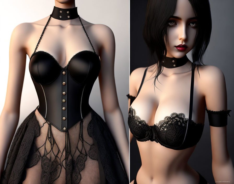 Female 3D character in gothic attire with black corset and choker necklace