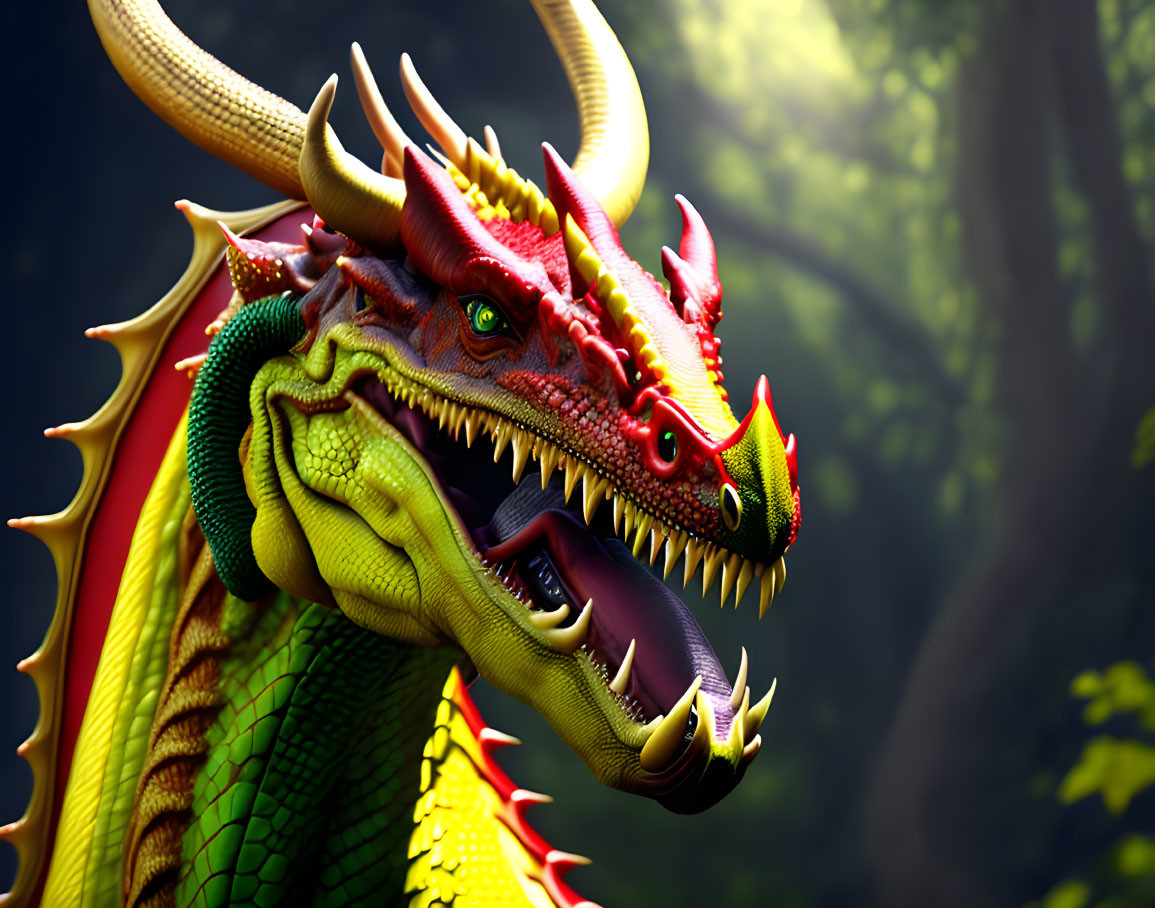 Colorful Dragon with Red and Yellow Scales in Shadowy Forest
