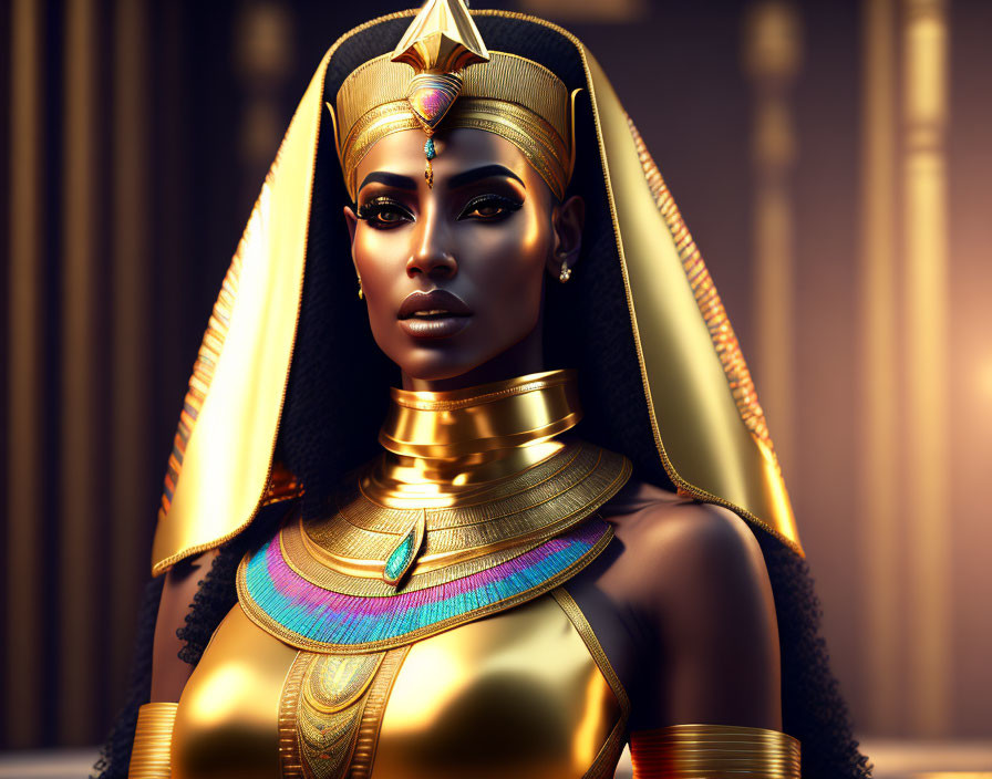 Digital artwork: Ancient Egyptian queen with elaborate headdress & golden jewelry