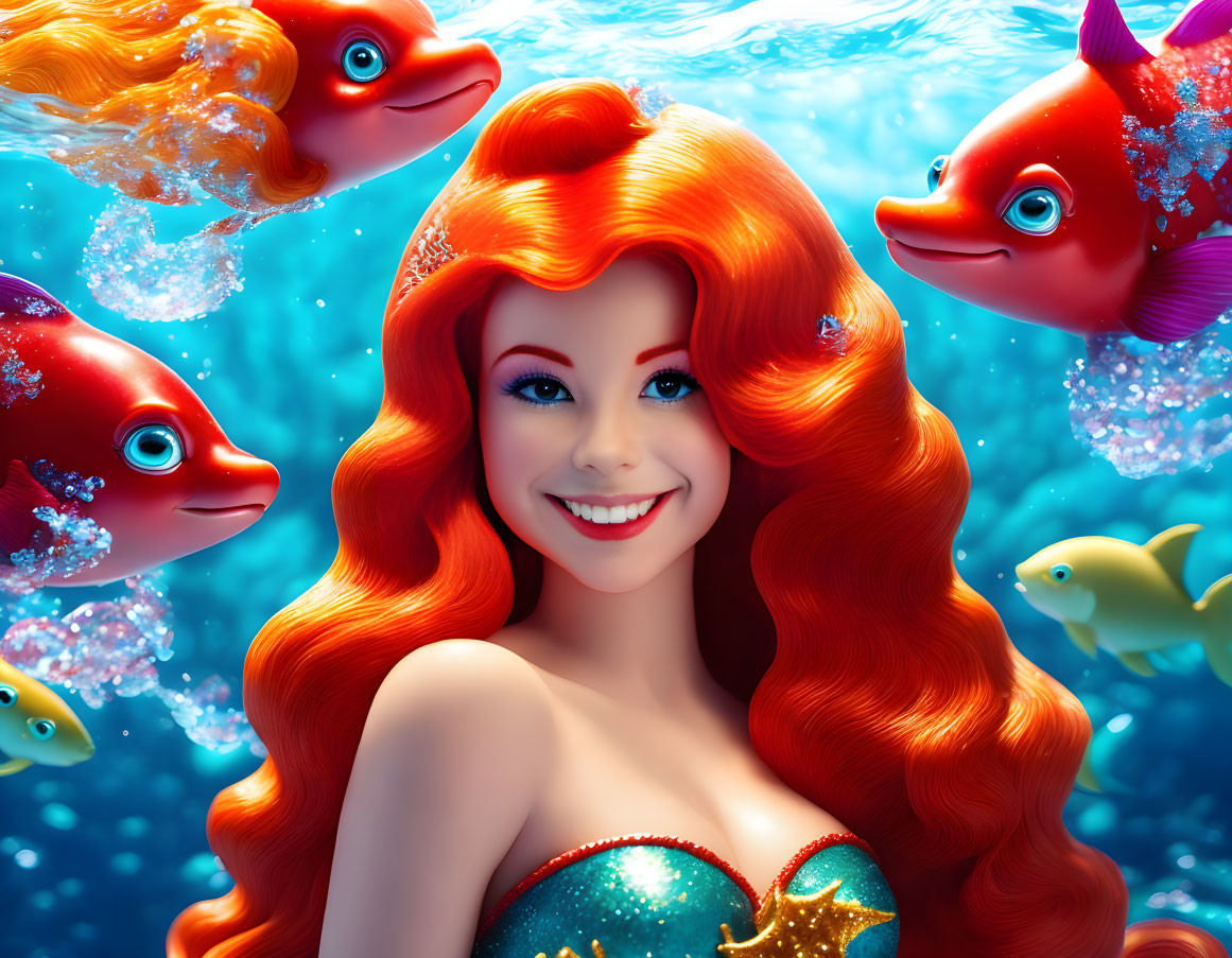 Red-haired mermaid with starfish clip and vibrant fish in joyful underwater scene