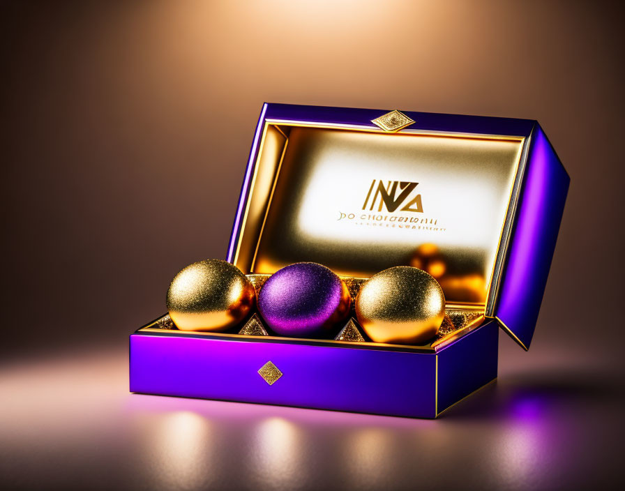 Purple INZA gift box with gold and purple Christmas baubles on warm gradient backdrop