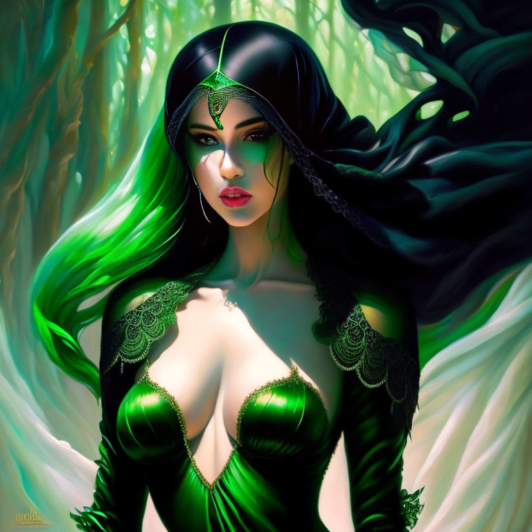 Sensual fantasy artwork of woman in green dress and cloak against forest.