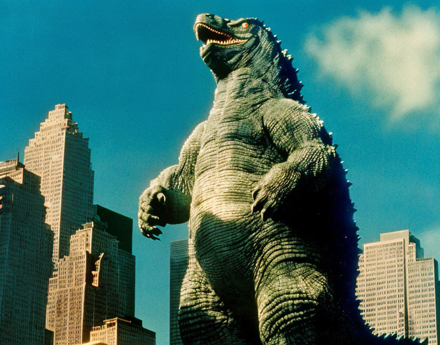 Giant Godzilla dominates city skyline under blue sky