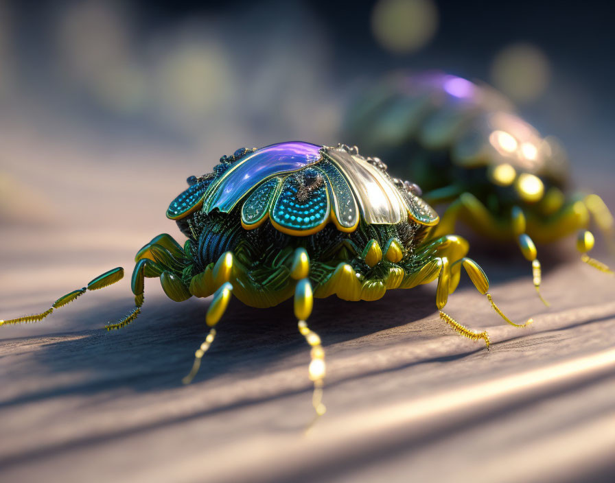 Iridescent Mechanical Beetle on Wooden Surface