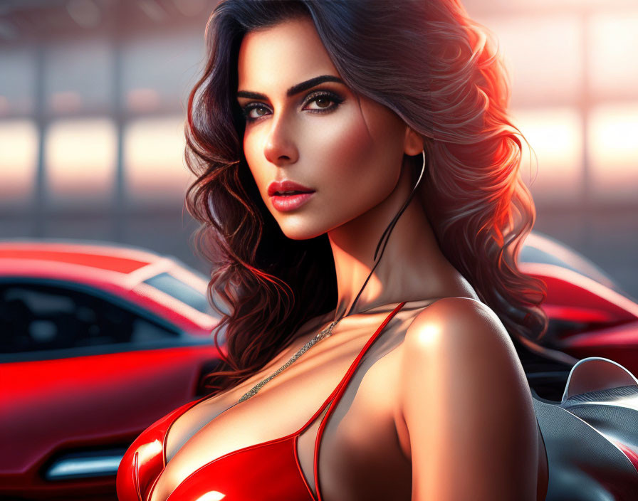 Digital artwork features woman in red dress with voluminous hair and shiny sports cars in warm light