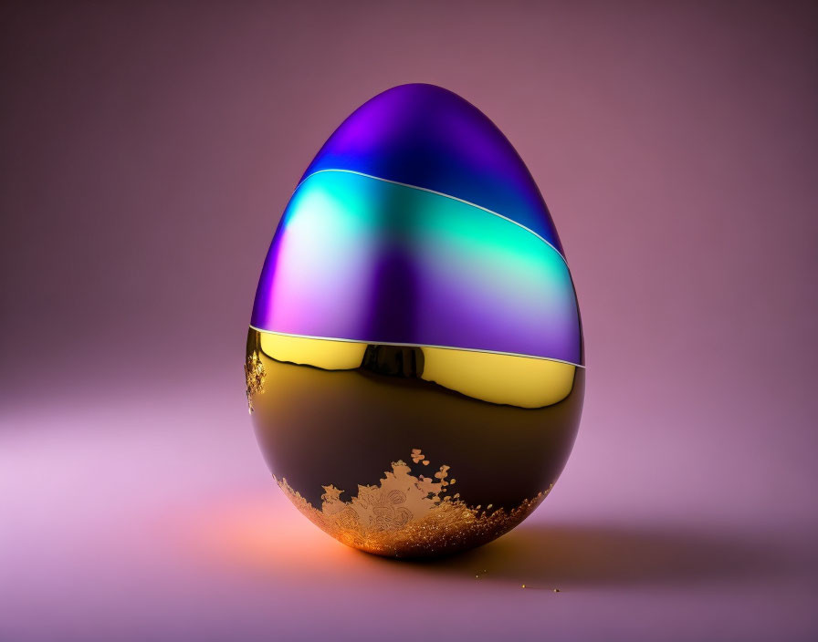 Colorful Metallic Egg with Gold Band on Pink Background