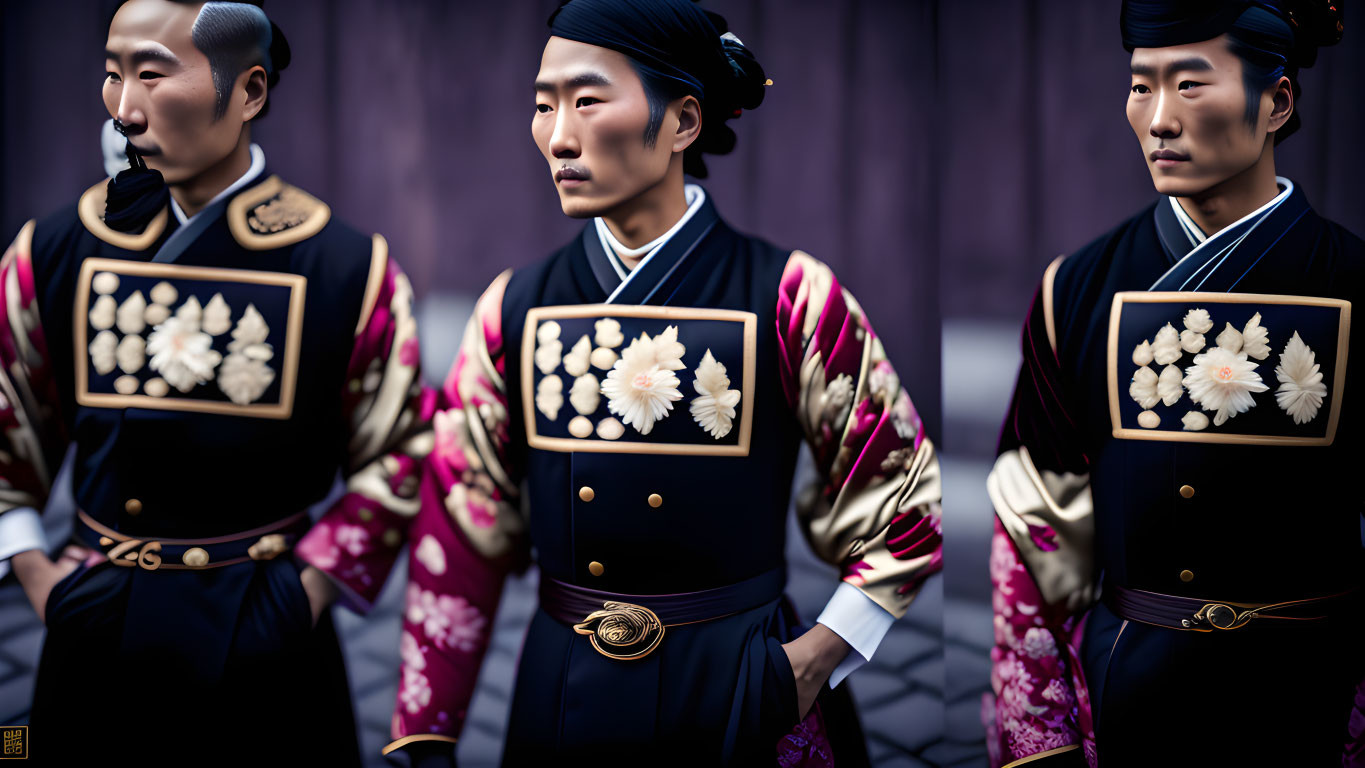 Man in Traditional East Asian Attire: Three Poses in Dark Blue Uniform