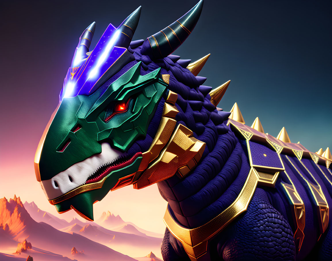 Robotic dragon head with red eyes, purple horns, and golden armor on mountainous background