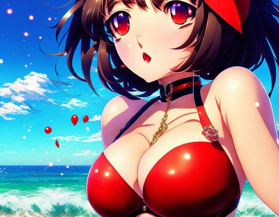 Stylized animated character with large eyes and brown hair in red bikini top and cap, ocean backdrop