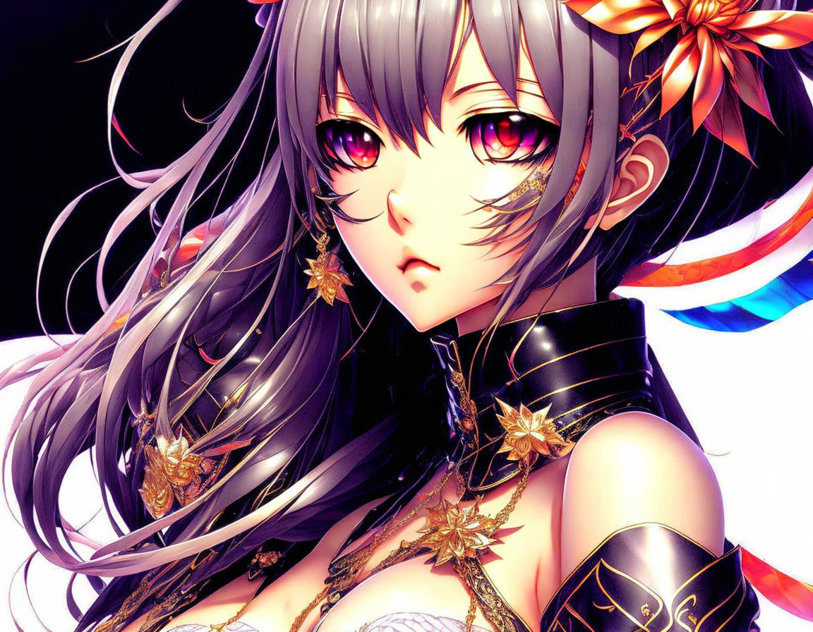 Character with Long Purple Hair, Golden Eyes, Black and Gold Clothing, Red Ribbons