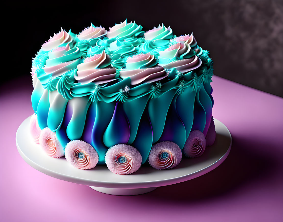Colorful Cake with Blue and Purple Icing on White Stand