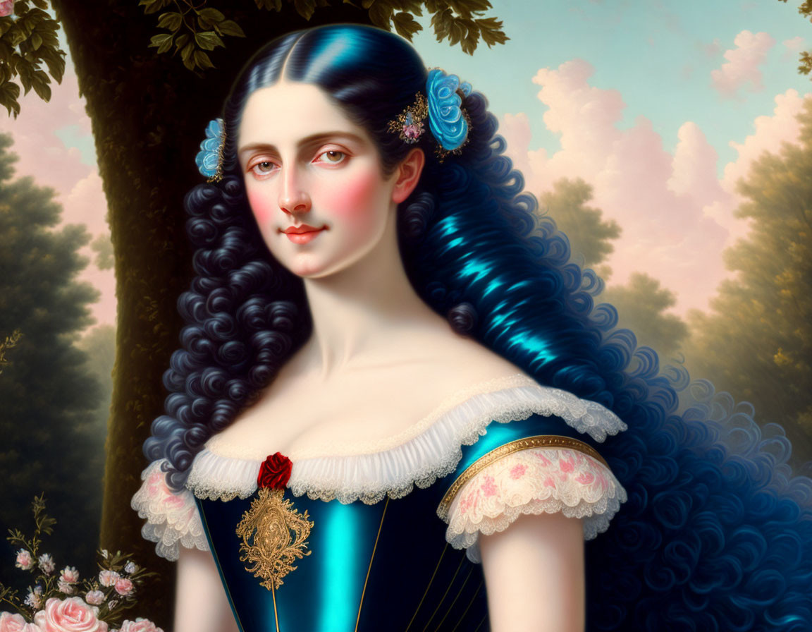Victorian style portrait of woman with blue ribbons, lace dress, red rose, trees, cloudy