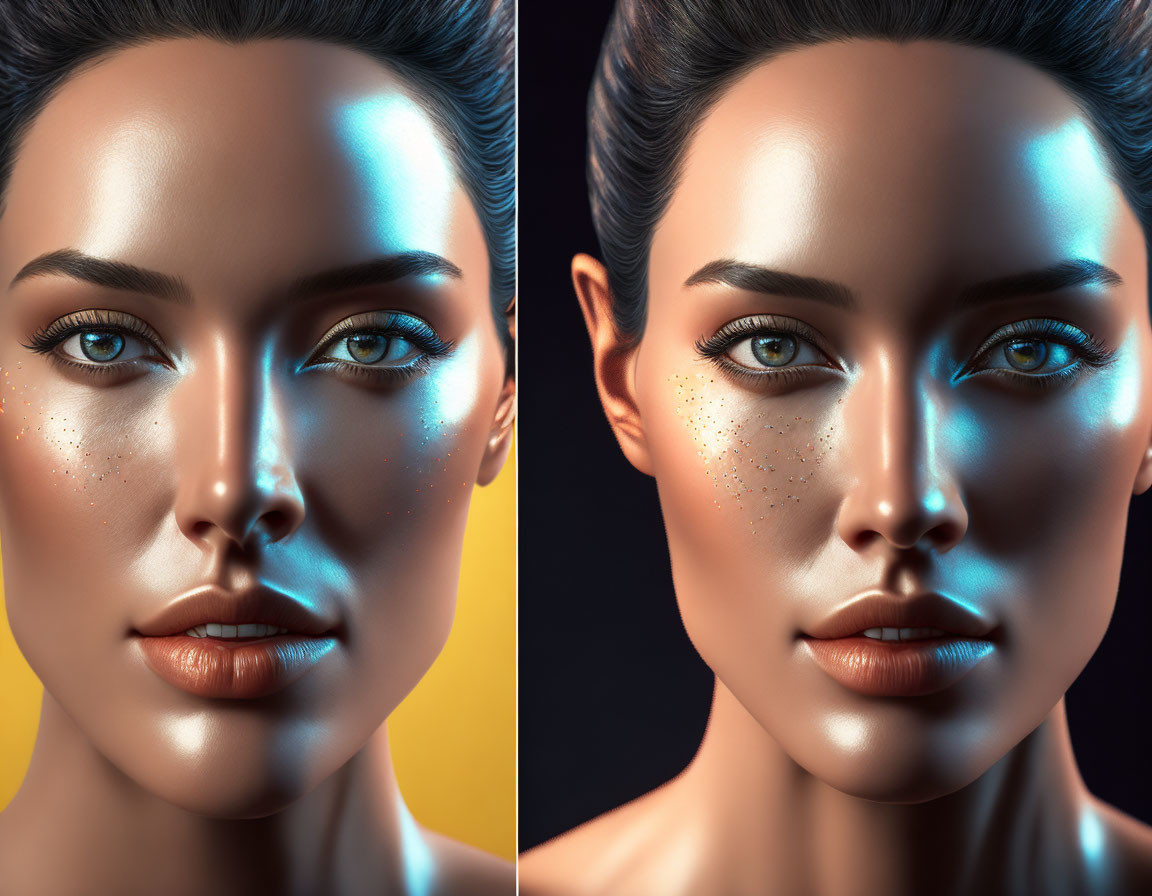Split image: Woman with different lighting setups, flawless makeup, striking facial features
