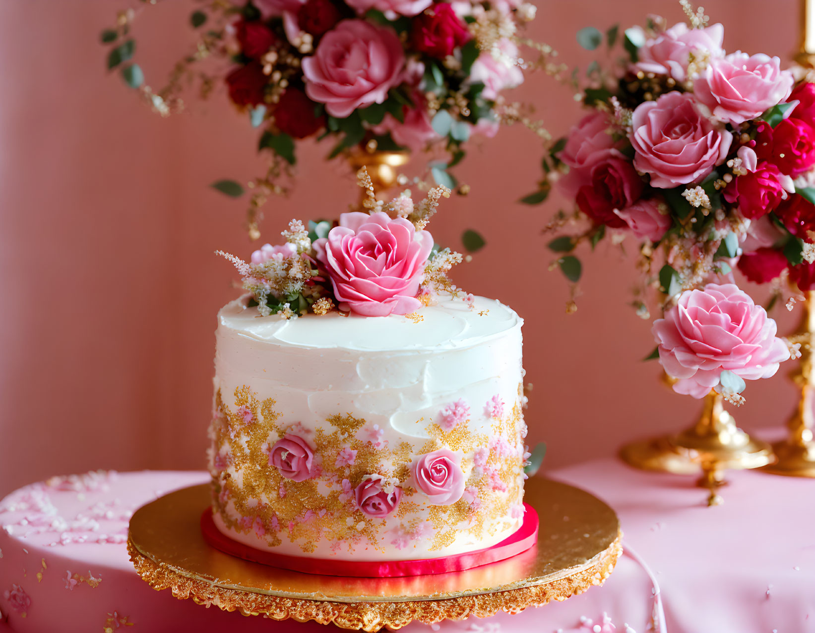 White and Gold Cake with Pink Roses and Floral Decor on Gold Stand