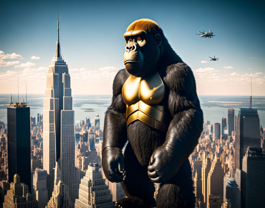 Giant gorilla in front of New York City skyline with Empire State Building and helicopters.