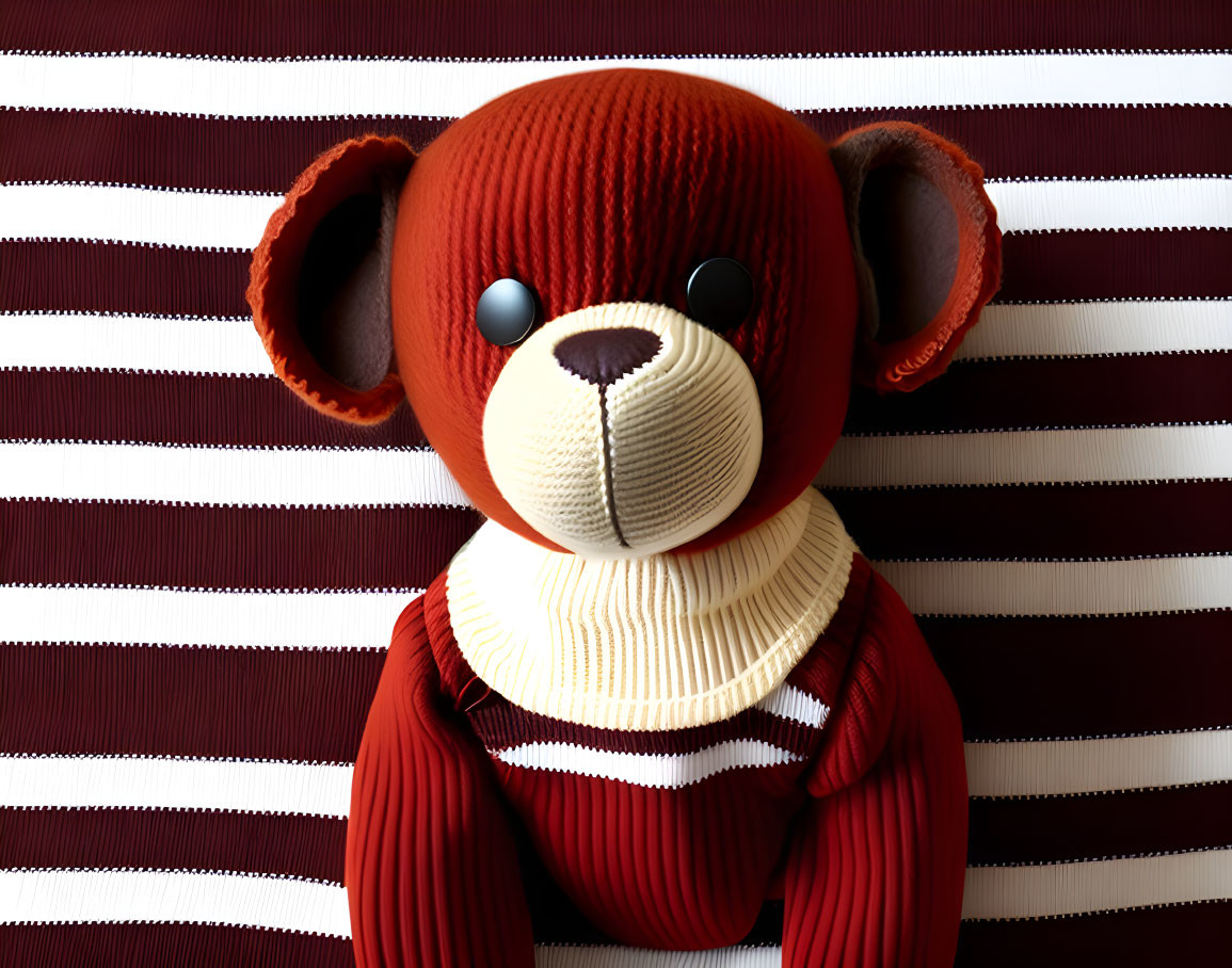 Knitted teddy bear with black eyes on striped background