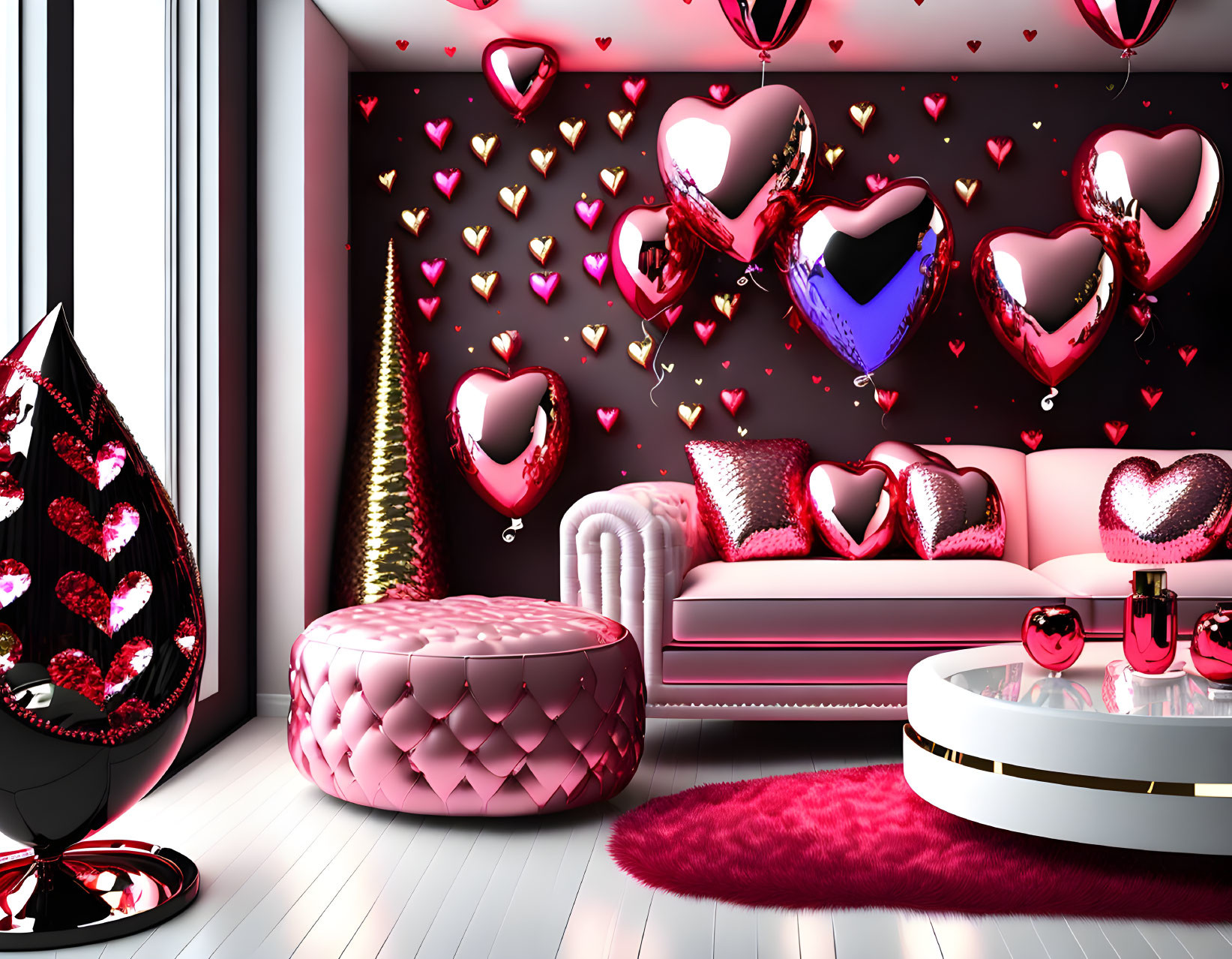 Colorful Heart-Themed Room with Balloons, Cushions, and Artwork