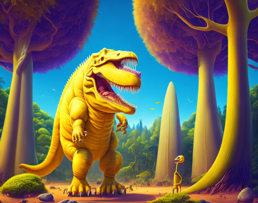 Colorful Cartoon T-Rex with Small Dinosaur in Mouth Among Trees