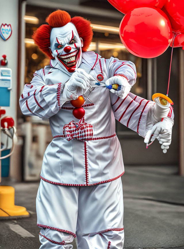 Creepy clown in white and red costume with balloons and horn