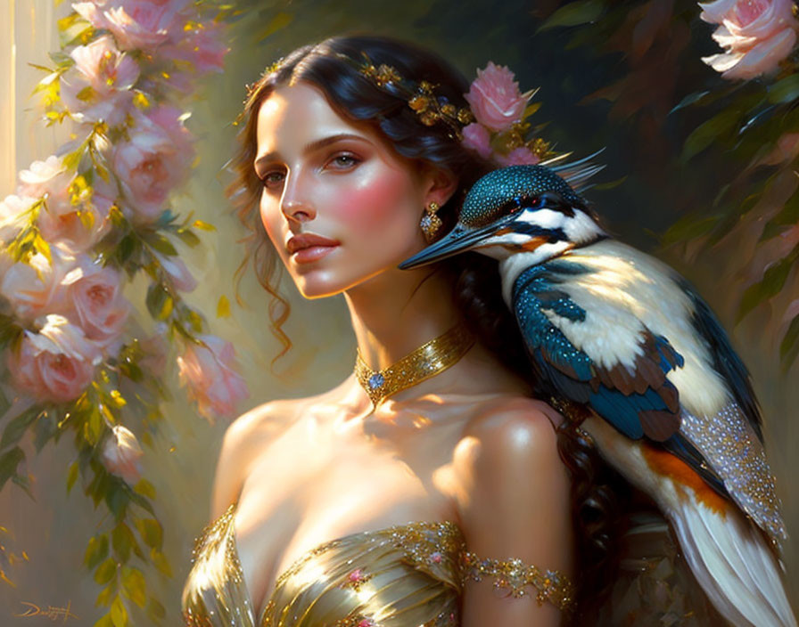 Woman with serene expression wearing flower crown and kingfisher on shoulder in blossoming backdrop.