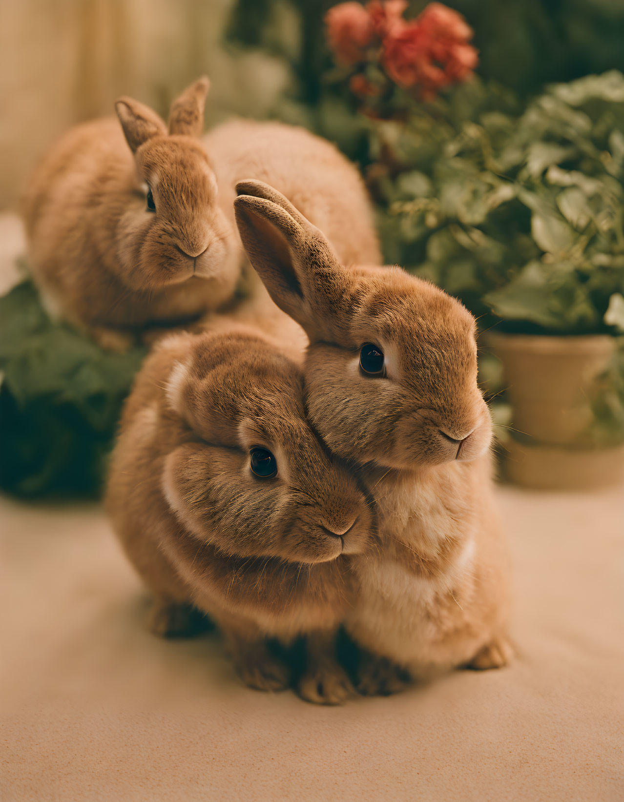 Brown rabbits cuddling with plants in background.