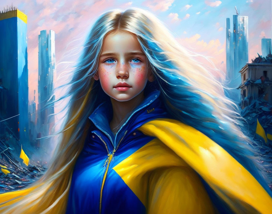 Young girl with blonde hair and blue eyes in dystopian cityscape.