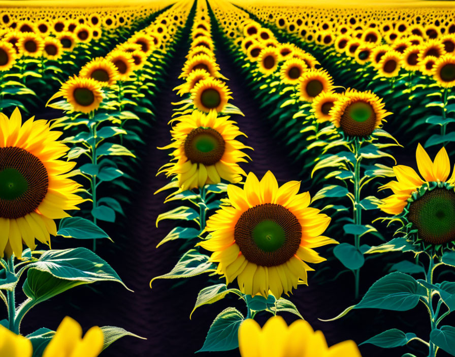 Bright Sunflower Field with Rows of Blooming Flowers