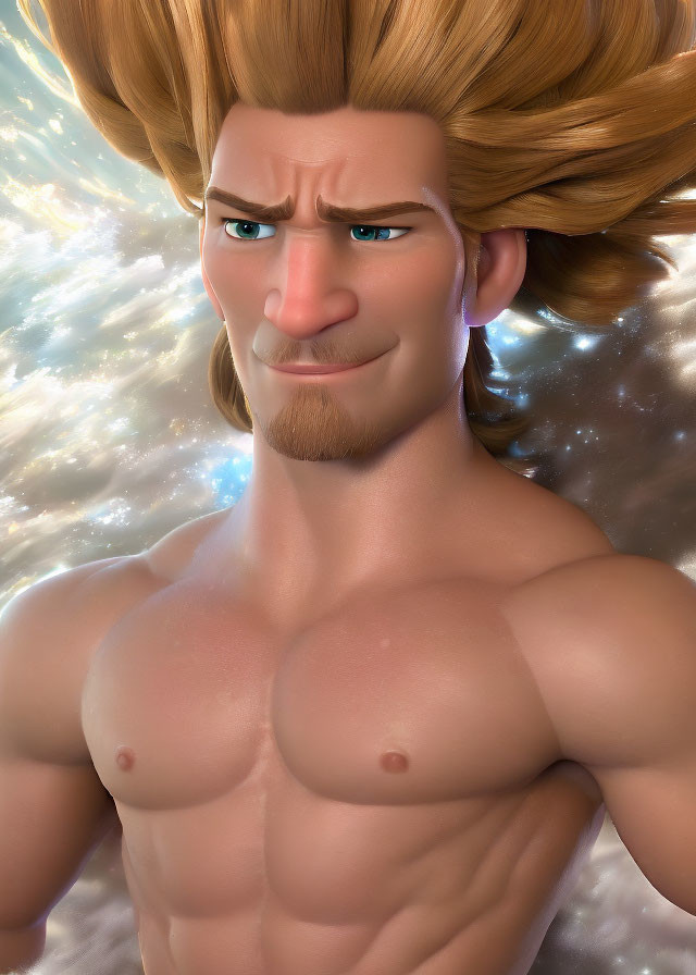 Muscular male character with blonde hair in animated style against nebulous backdrop