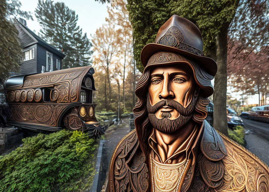 Bronze bust of bearded man with 16th-century hat in suburban street setting