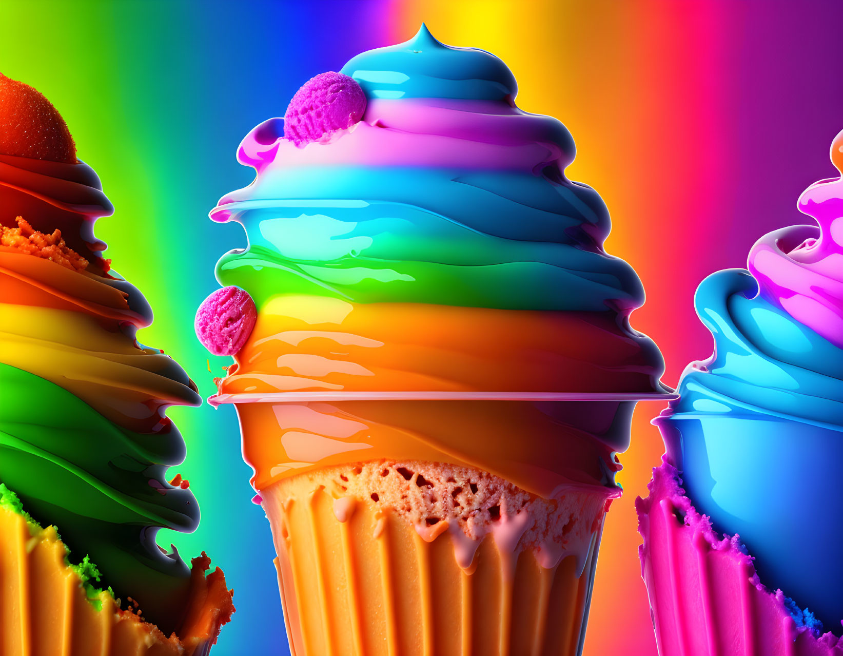 Colorful Cupcakes with Creamy Icing on Rainbow Background