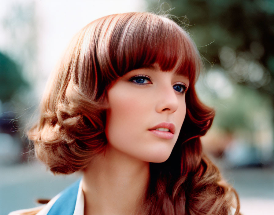 Chestnut Brown Haired Woman with Bangs and Curls in Blue Outfit
