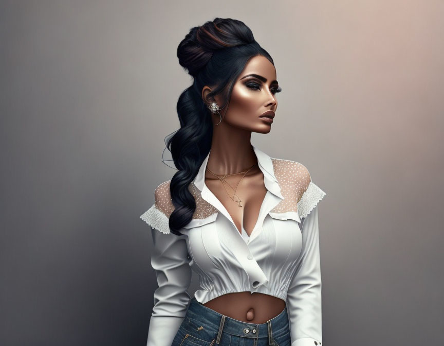 Stylized woman with updo hairstyle, white shirt, denim on neutral background