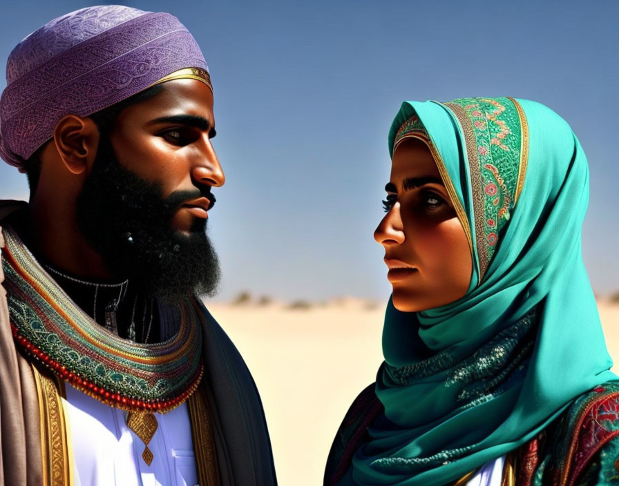Man and woman in traditional Middle Eastern attire with intricate clothing details against desert backdrop