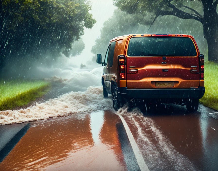 Red van driving on wet road in heavy rain causing ripples