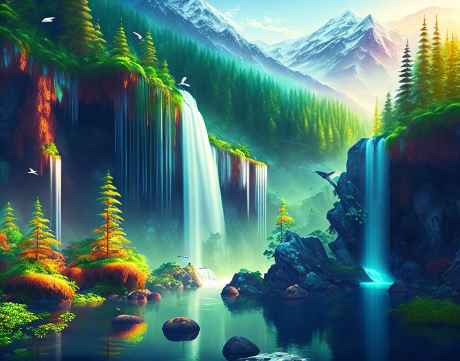 Scenic landscape with waterfalls, greenery, mist, birds, and snowy mountains