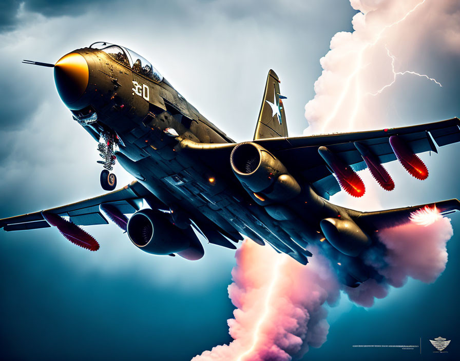 Military Aircraft with Jet Engines Ascends in Stormy Sky